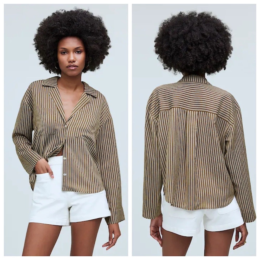 Madewell Shirt Womens XL Brown Striped Camp Collar Long Sleeve NP001 New